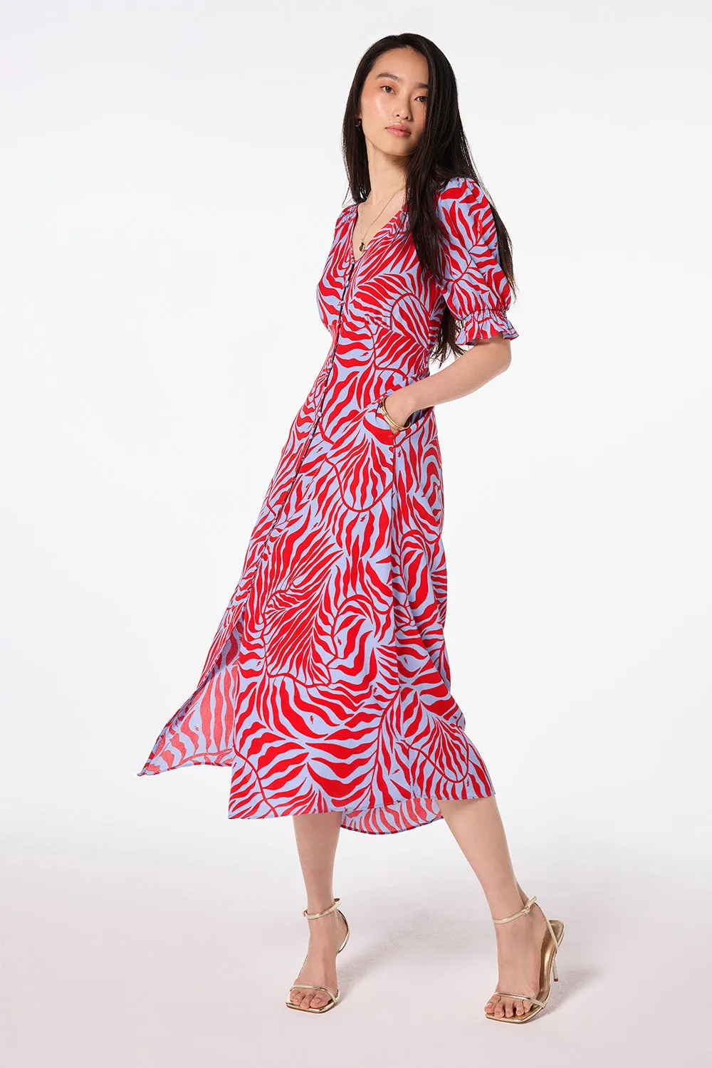 Blue with Red Palm Flute Sleeve Midi Tea Dress