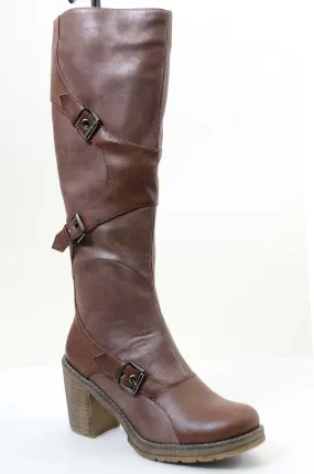 Brown Strappy Buckle Riding Women's Vegan Knee Chunky Heel Boots