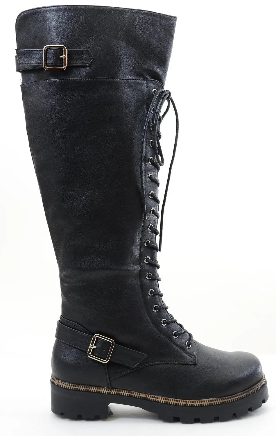 Buckled Combat Lace Up Lug Sole Knee High Vegan Leather Boots