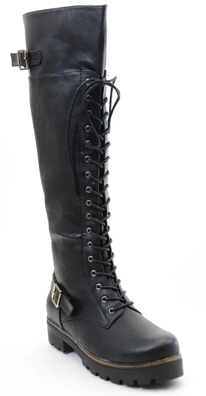 Buckled Combat Lace Up Lug Sole Knee High Vegan Leather Boots