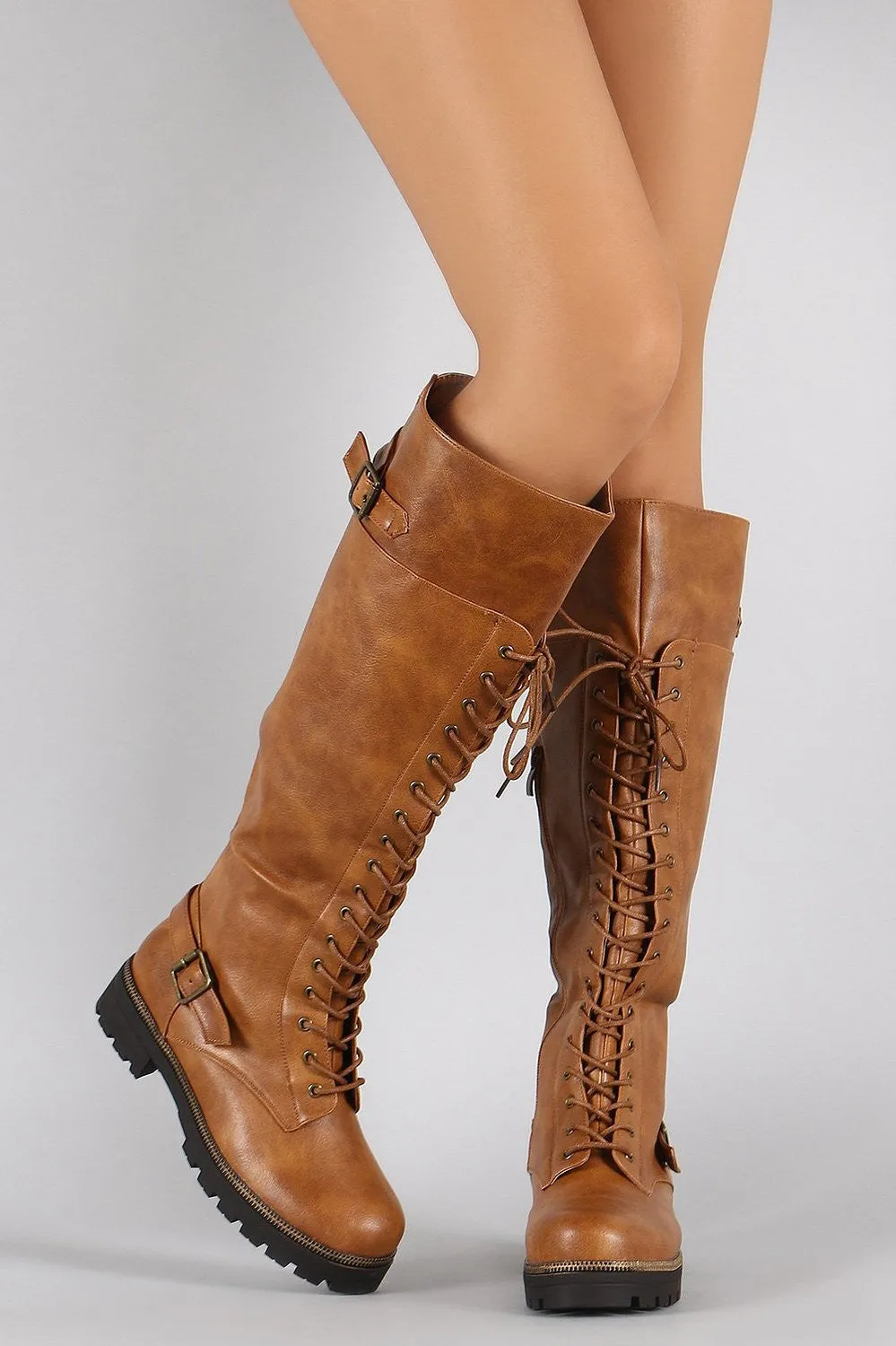 Buckled Combat Lace Up Lug Sole Knee High Vegan Leather Boots