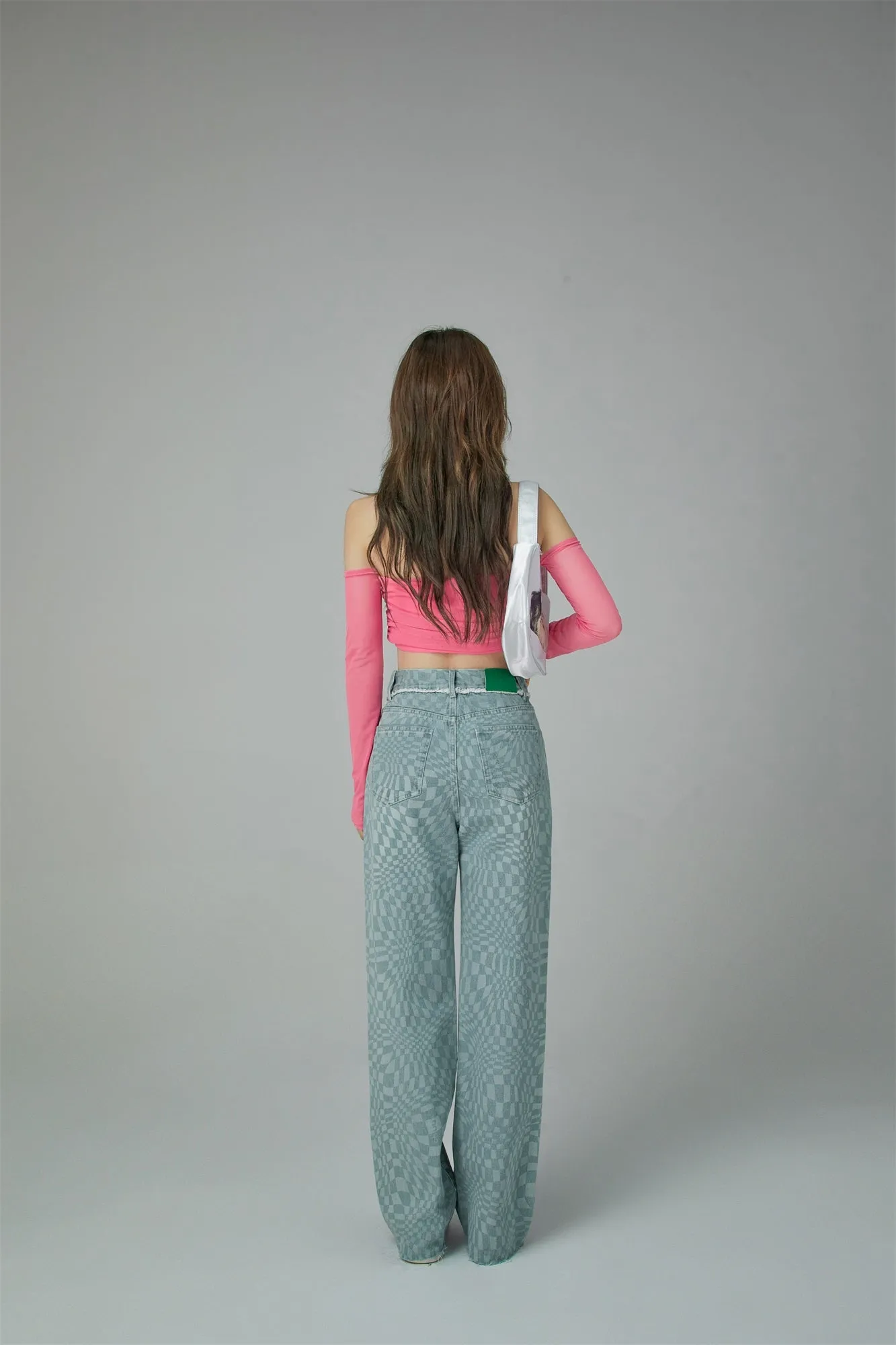 Check High-Waisted Wide Denim Pants