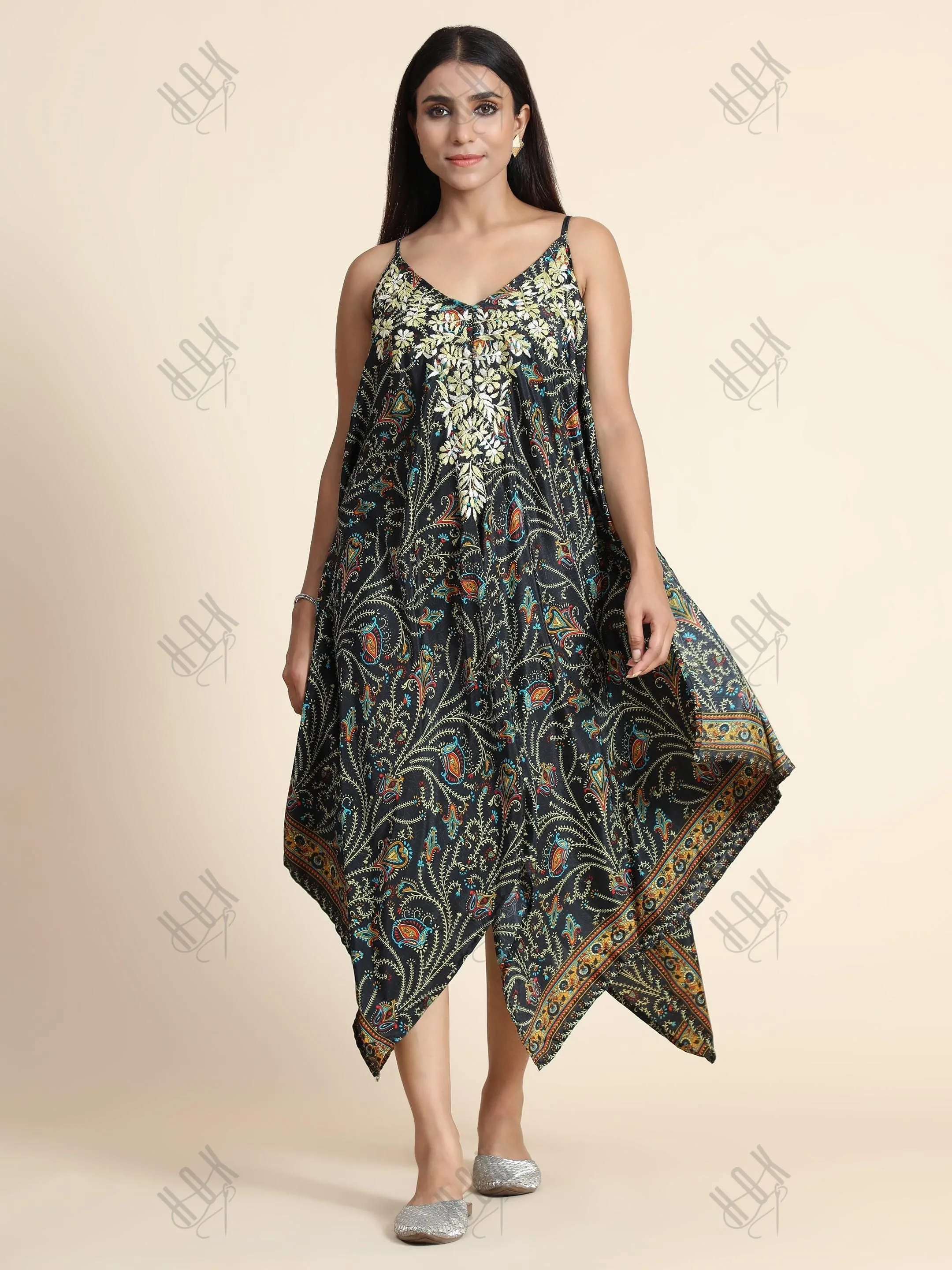 Chikankari Dress for Women - Dark Multicolour with Collar work