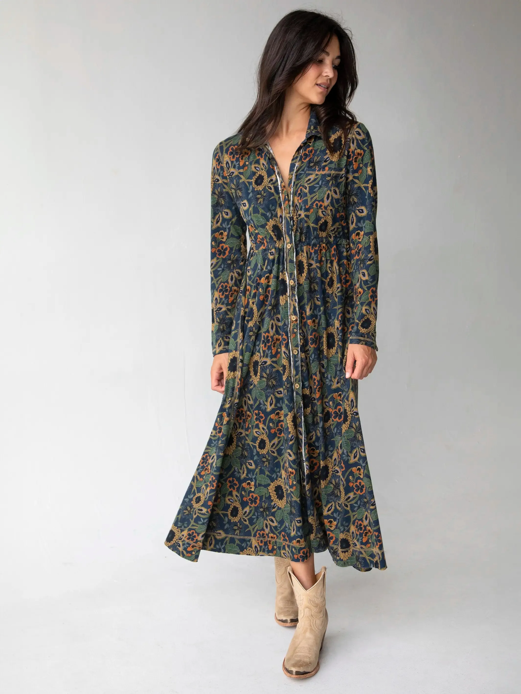 Christa Cotton Midi Dress - Navy Tan Dahlias