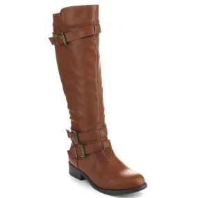 Cognac Riding Double Ankle Strap Knee-high Women's Vegan Boots