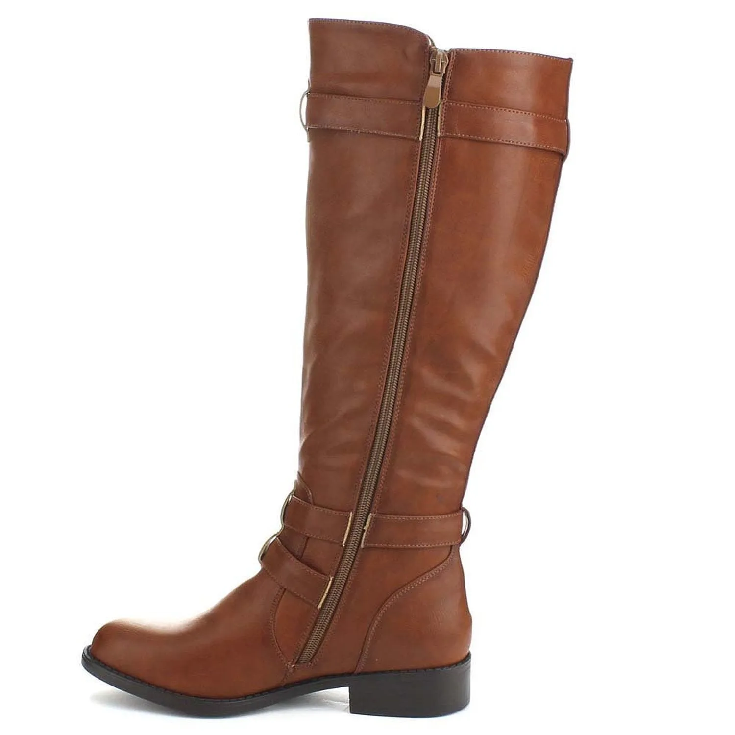 Cognac Riding Double Ankle Strap Knee-high Women's Vegan Boots