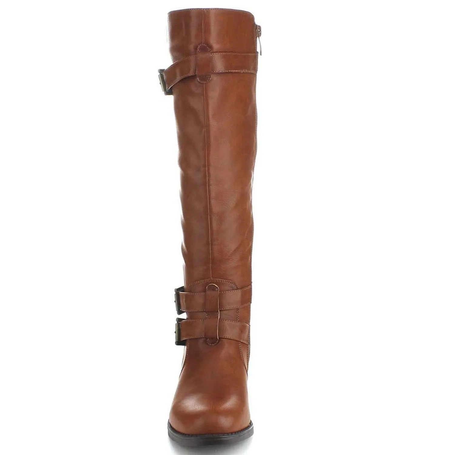 Cognac Riding Double Ankle Strap Knee-high Women's Vegan Boots