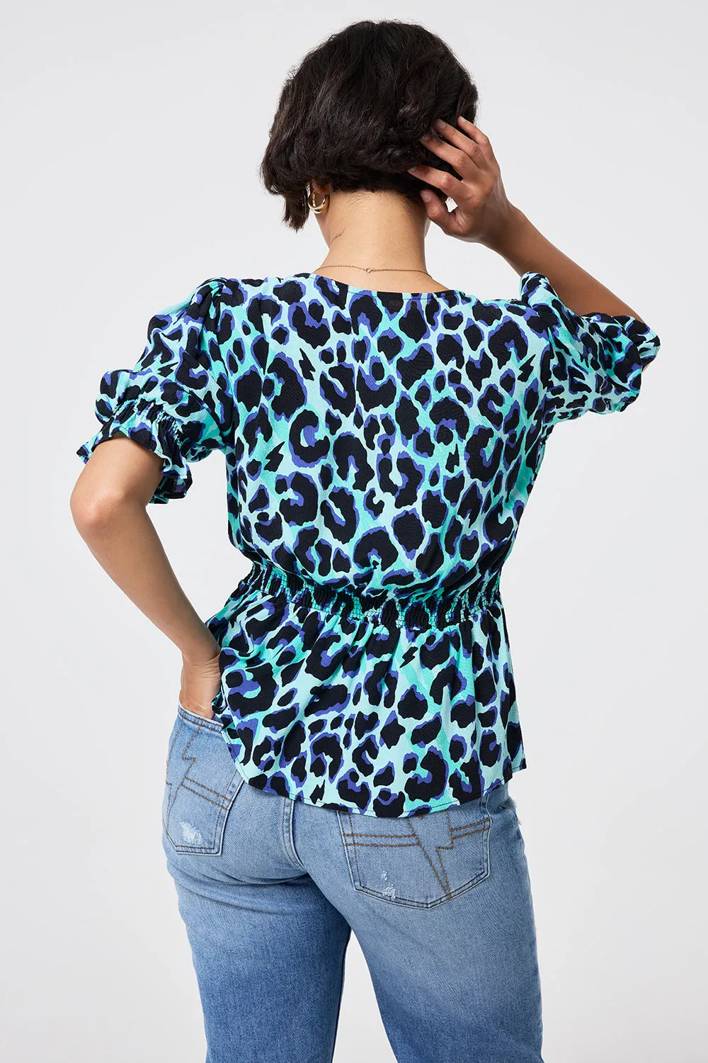 COMING SOON: Turquoise with Black and Blue Shadow Leopard Button Through Blouse