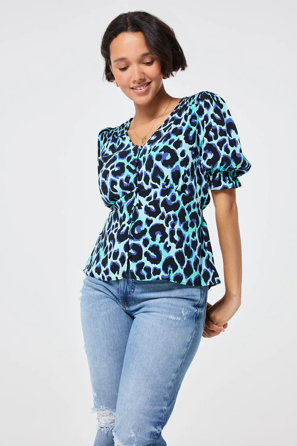 COMING SOON: Turquoise with Black and Blue Shadow Leopard Button Through Blouse