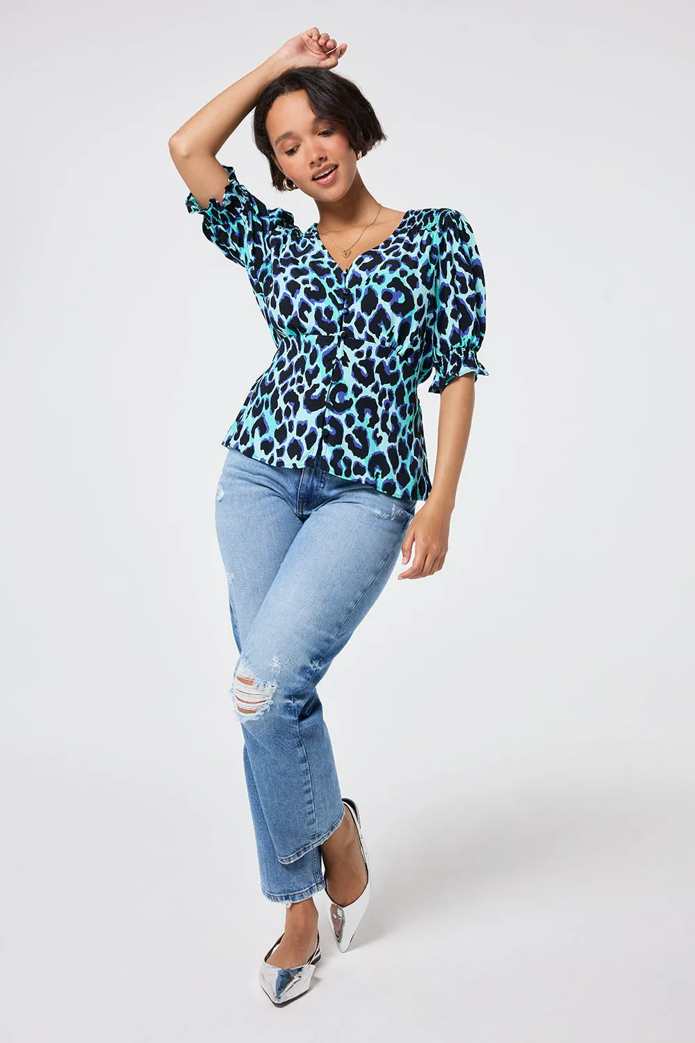 COMING SOON: Turquoise with Black and Blue Shadow Leopard Button Through Blouse