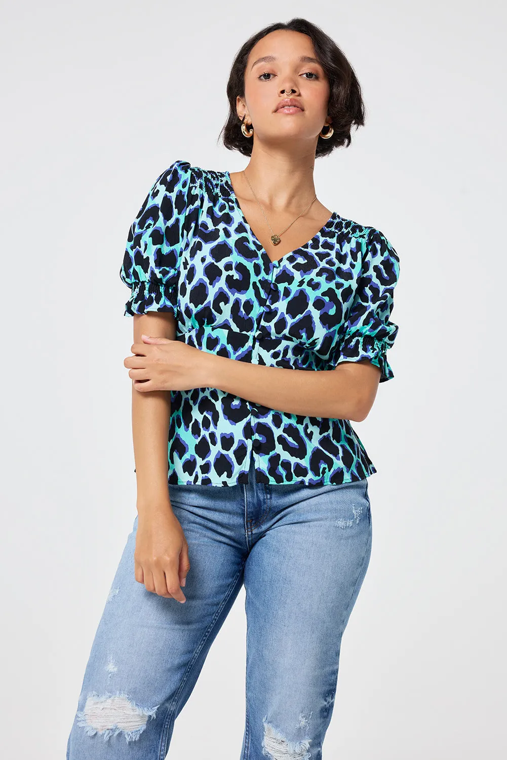 COMING SOON: Turquoise with Black and Blue Shadow Leopard Button Through Blouse