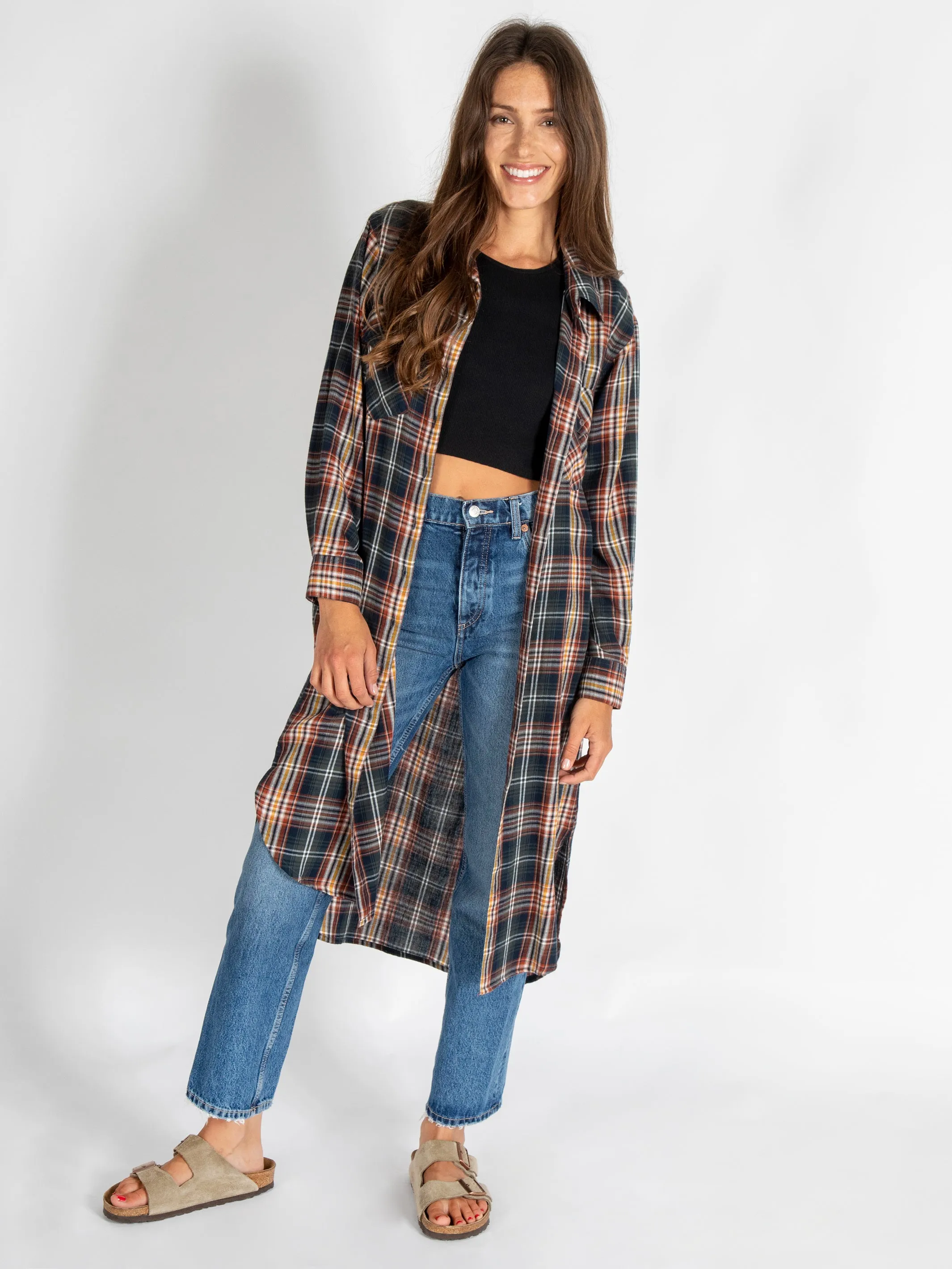 Cooper Flannel Shirt Dress - Navy Rust Plaid