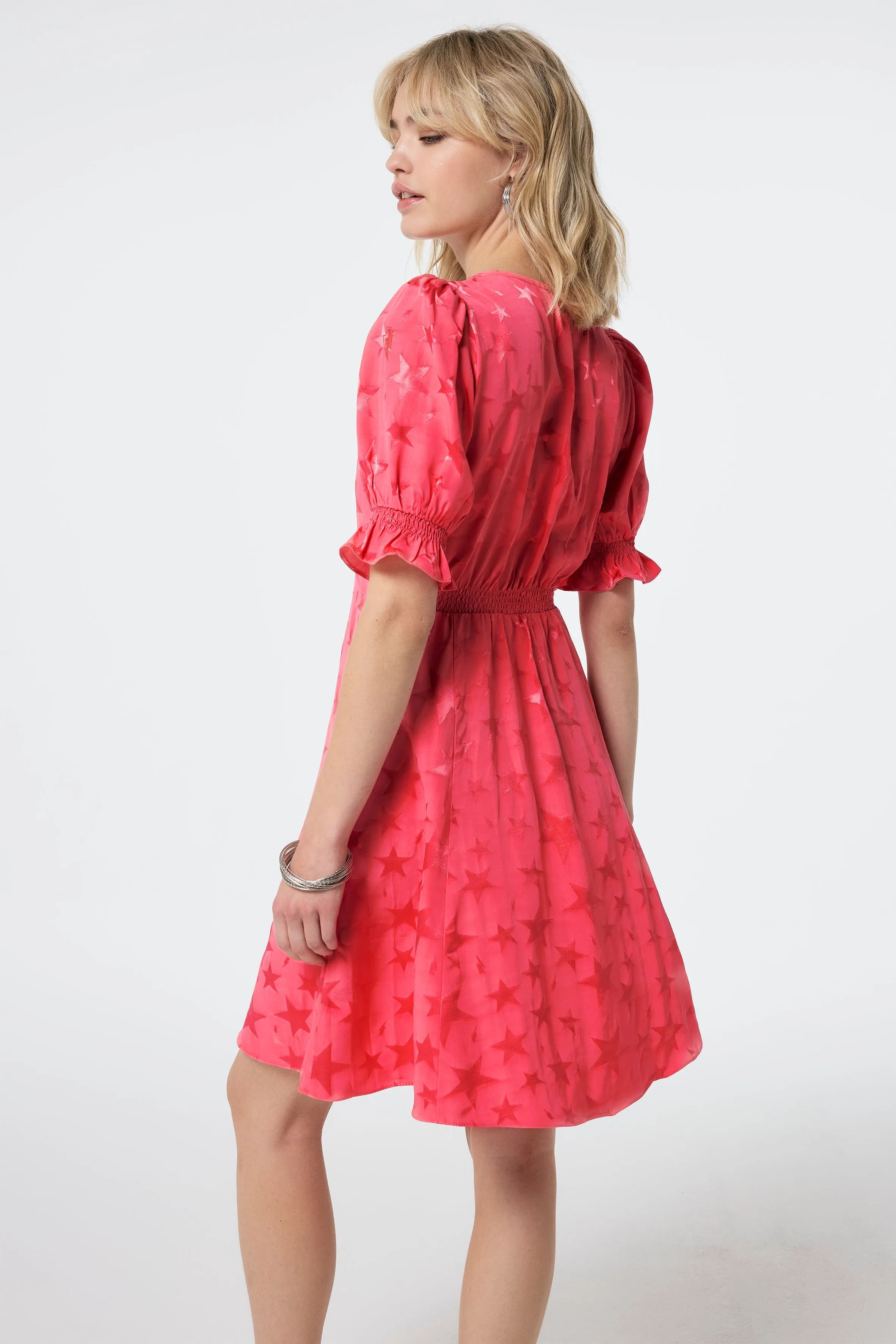 Coral Star Jacquard Flute Sleeve Short Tea Dress