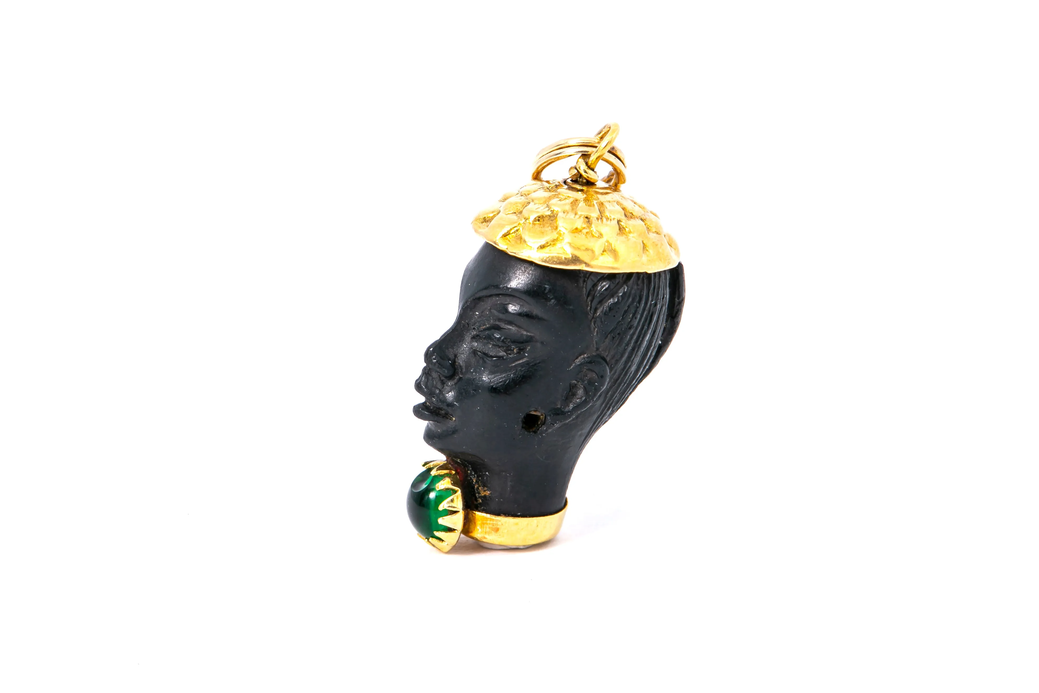 Corletto Emerald Blackamoor African Woman Head Charm 18K 750 Yellow Gold Pendant