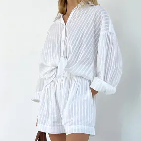 Cozy Semi Sheer Collar Long Sleeve Button Up Shorts Cotton Lounge Set