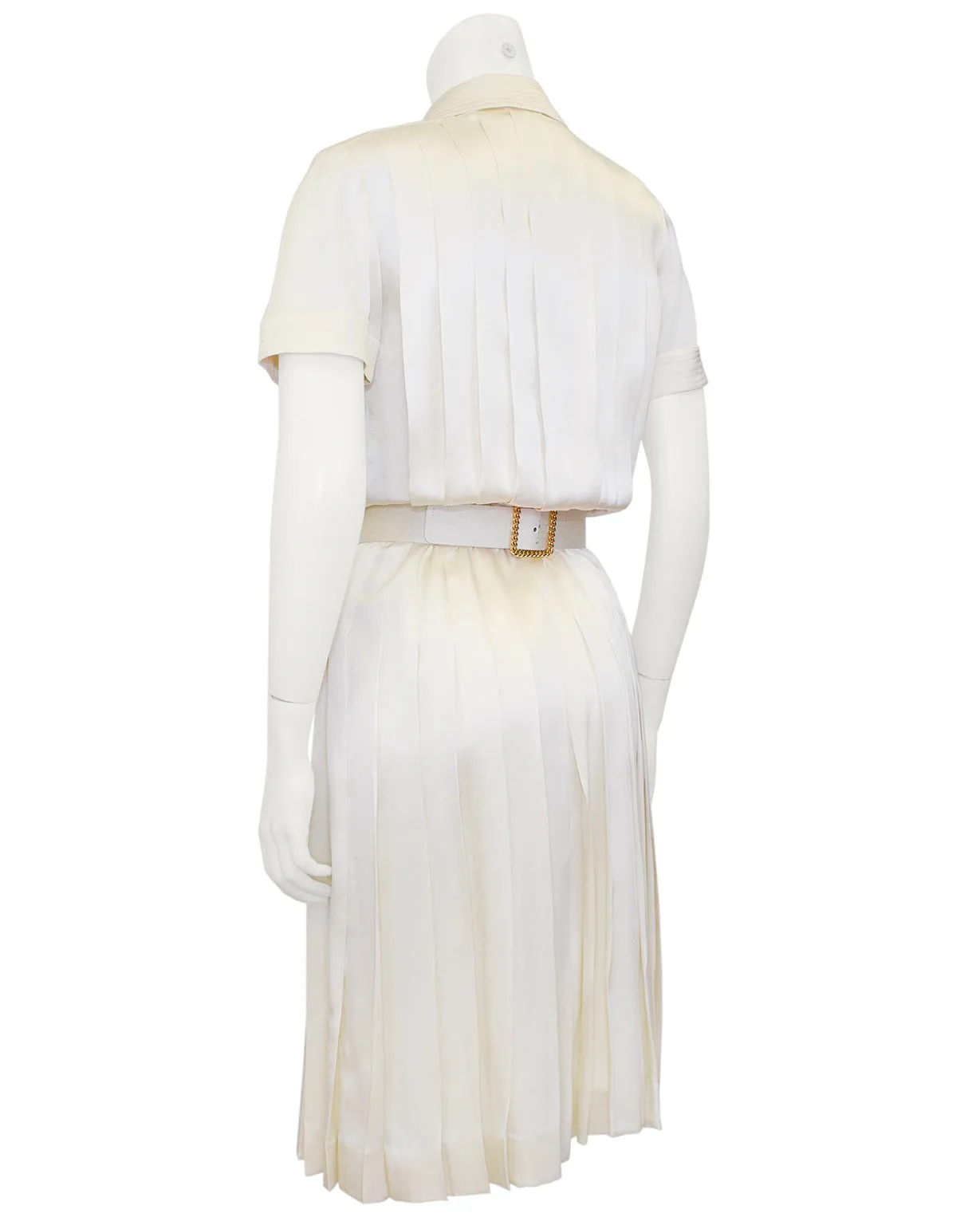 Cream Silk Pleated Dress with Belt