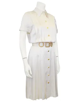 Cream Silk Pleated Dress with Belt