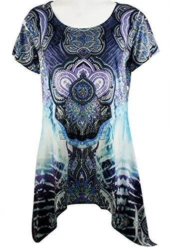 Creation - Medallions, Short Sleeve Asymmetric Hem Geometric Print Tunic