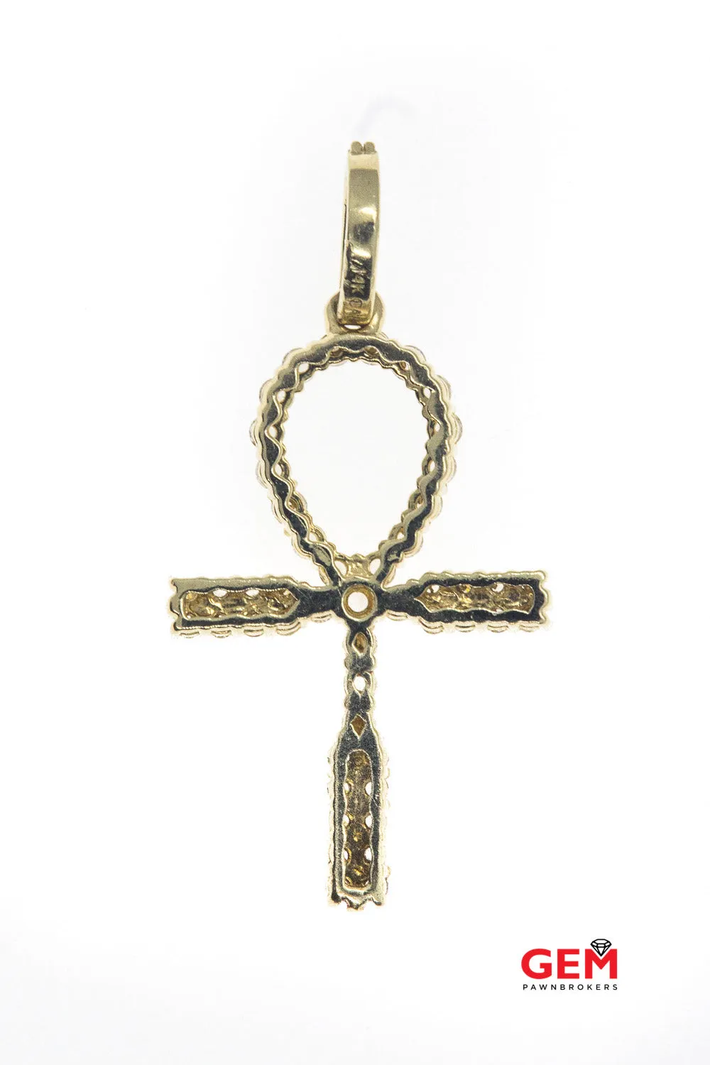 Cubic Zirconia Ankh Egyptian Cross Charm 14K 585 Yellow Gold CZ Pendant