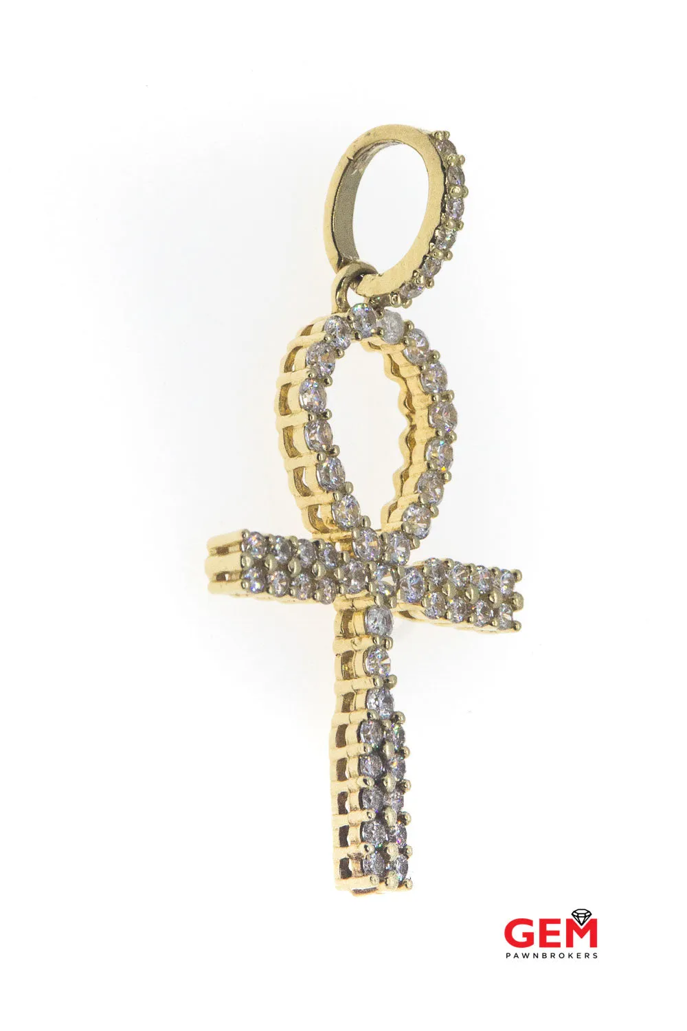 Cubic Zirconia Ankh Egyptian Cross Charm 14K 585 Yellow Gold CZ Pendant