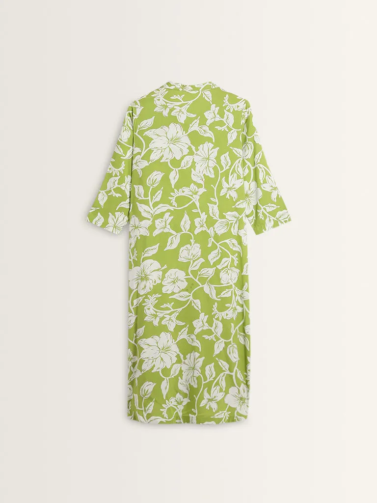 Diza Green Floral Patterned A-Line Cotton Kurta