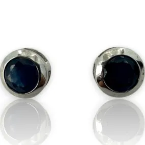 EFFY Jewelry Signed Blue Sapphire Bezel Set Solid 14kt White Gold Pierced Post Stud Earrings With Original Backs