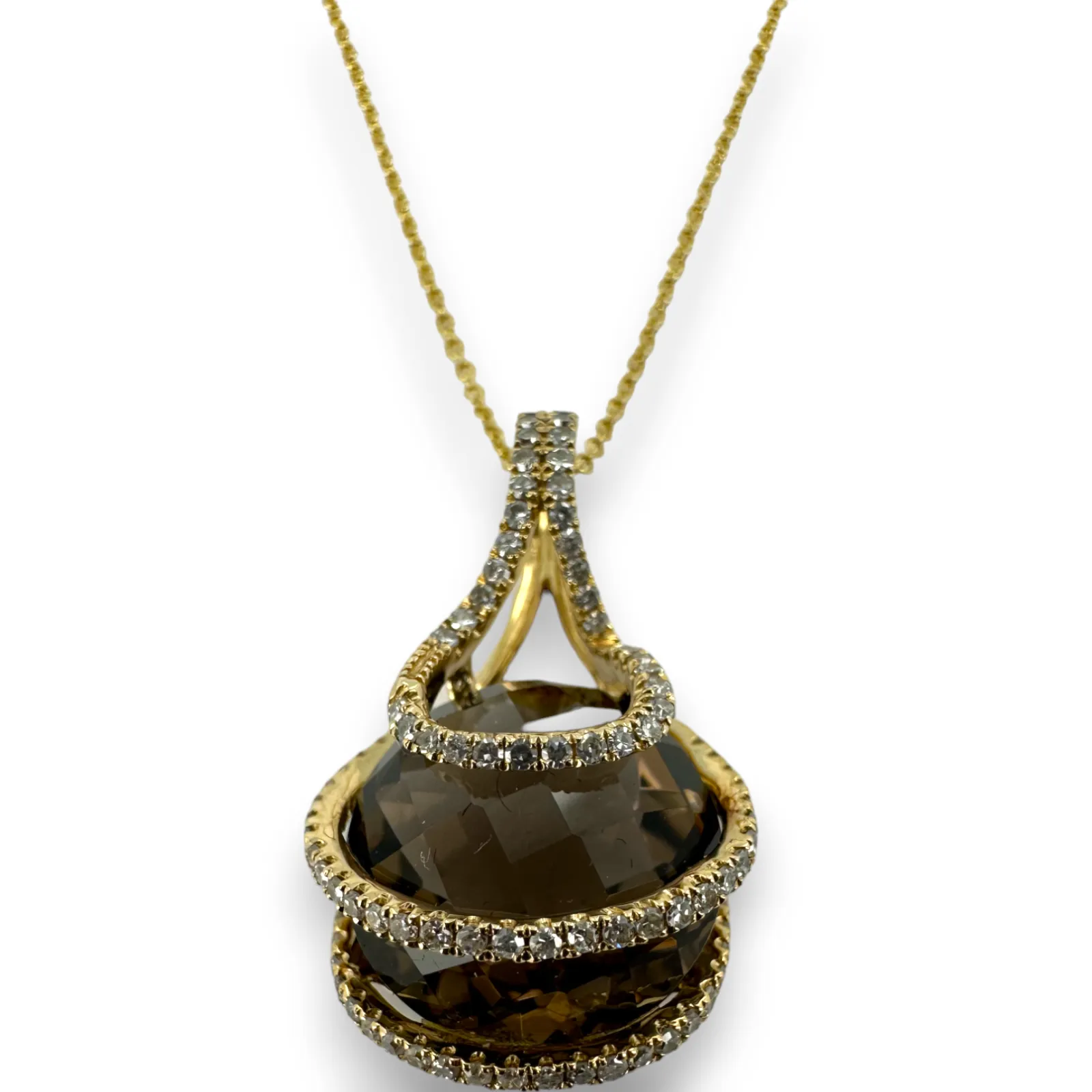 Effy Smokey Quartz and Diamond Drop Pendant Necklace Yellow Gold 14KT 585