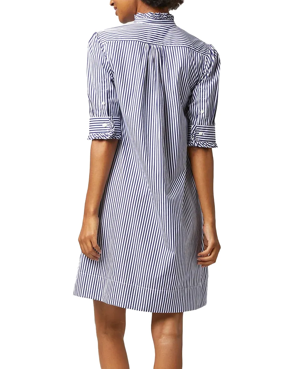 Elbow Sleeved Frill Dress (Navy Bengal Stripe)