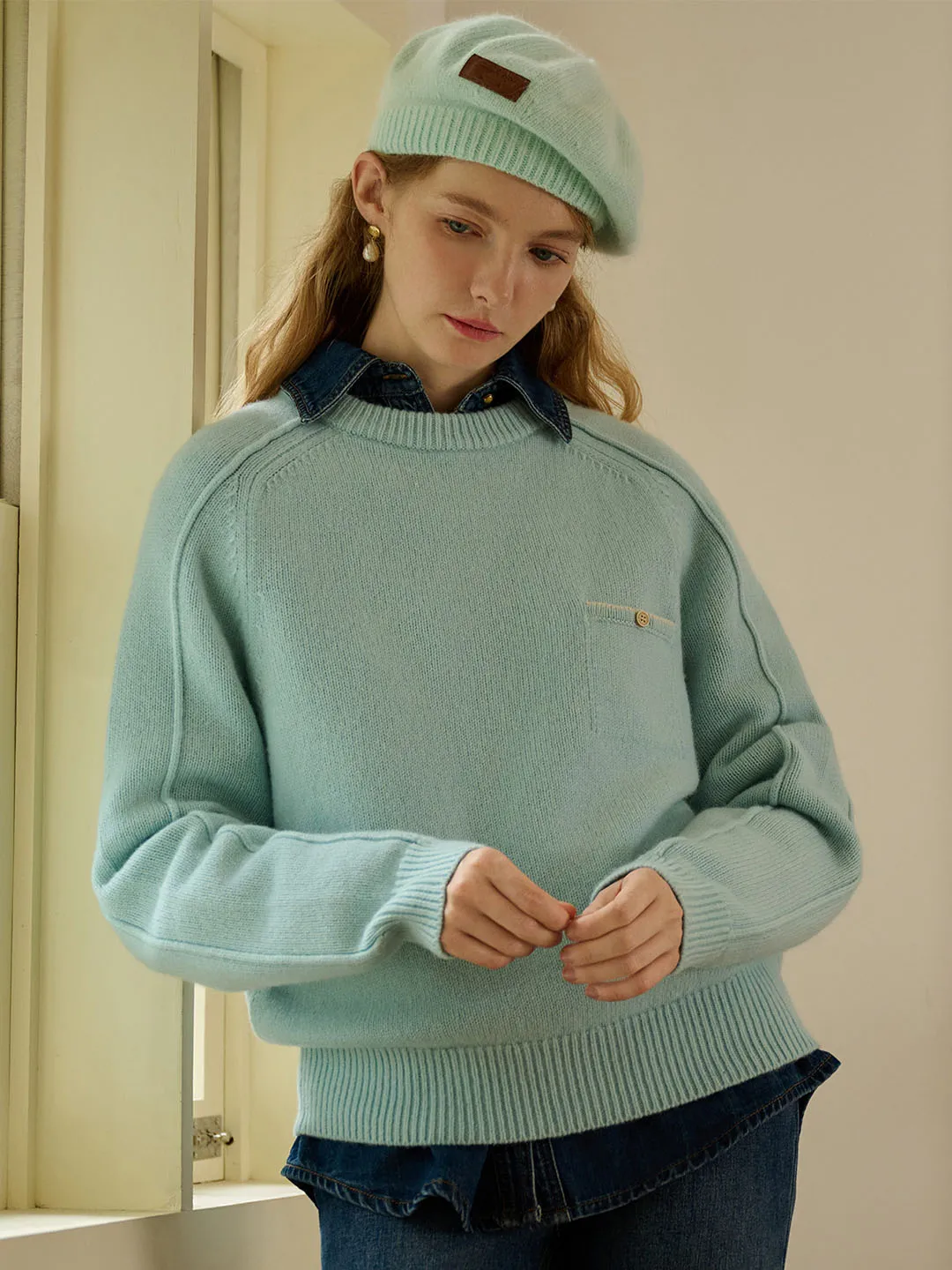 【Final Sale】Natalie Solid Raglan Sleeve Pocket Patched 100% Wool Sweater