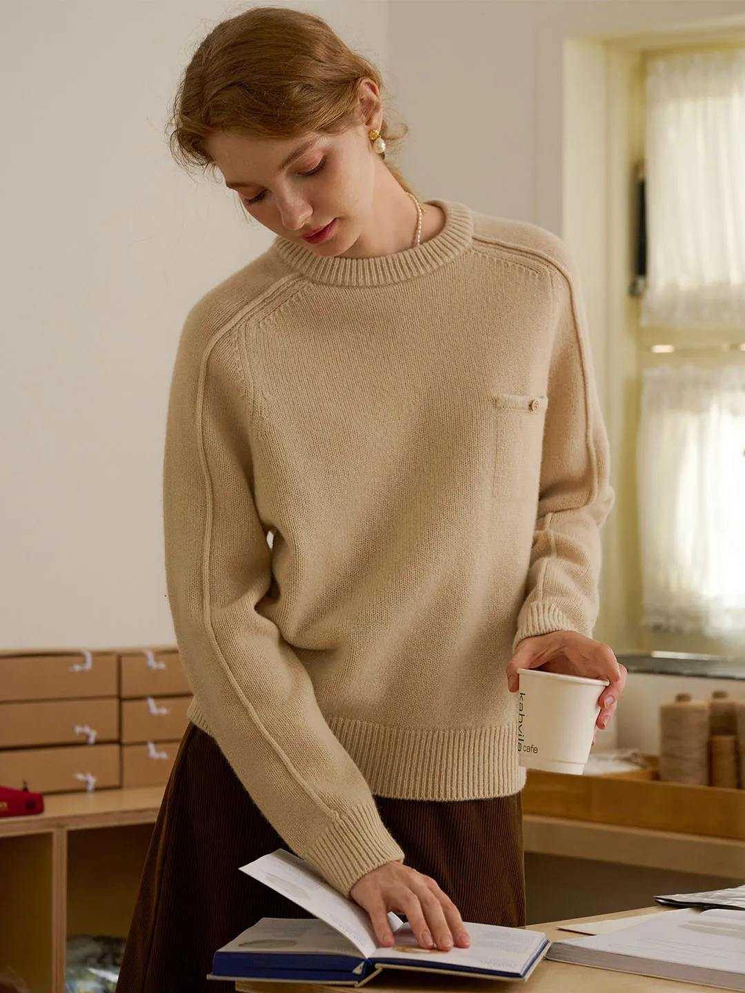 【Final Sale】Natalie Solid Raglan Sleeve Pocket Patched 100% Wool Sweater