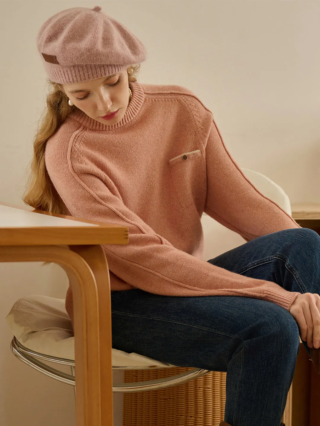 【Final Sale】Natalie Solid Raglan Sleeve Pocket Patched 100% Wool Sweater