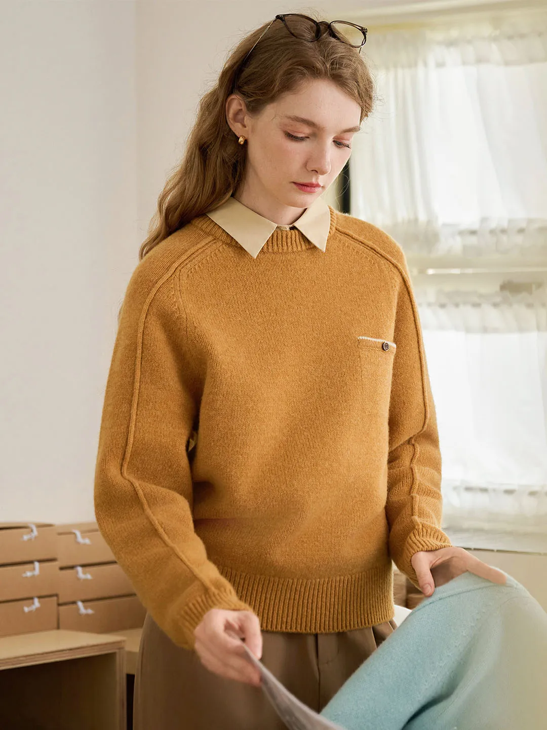 【Final Sale】Natalie Solid Raglan Sleeve Pocket Patched 100% Wool Sweater