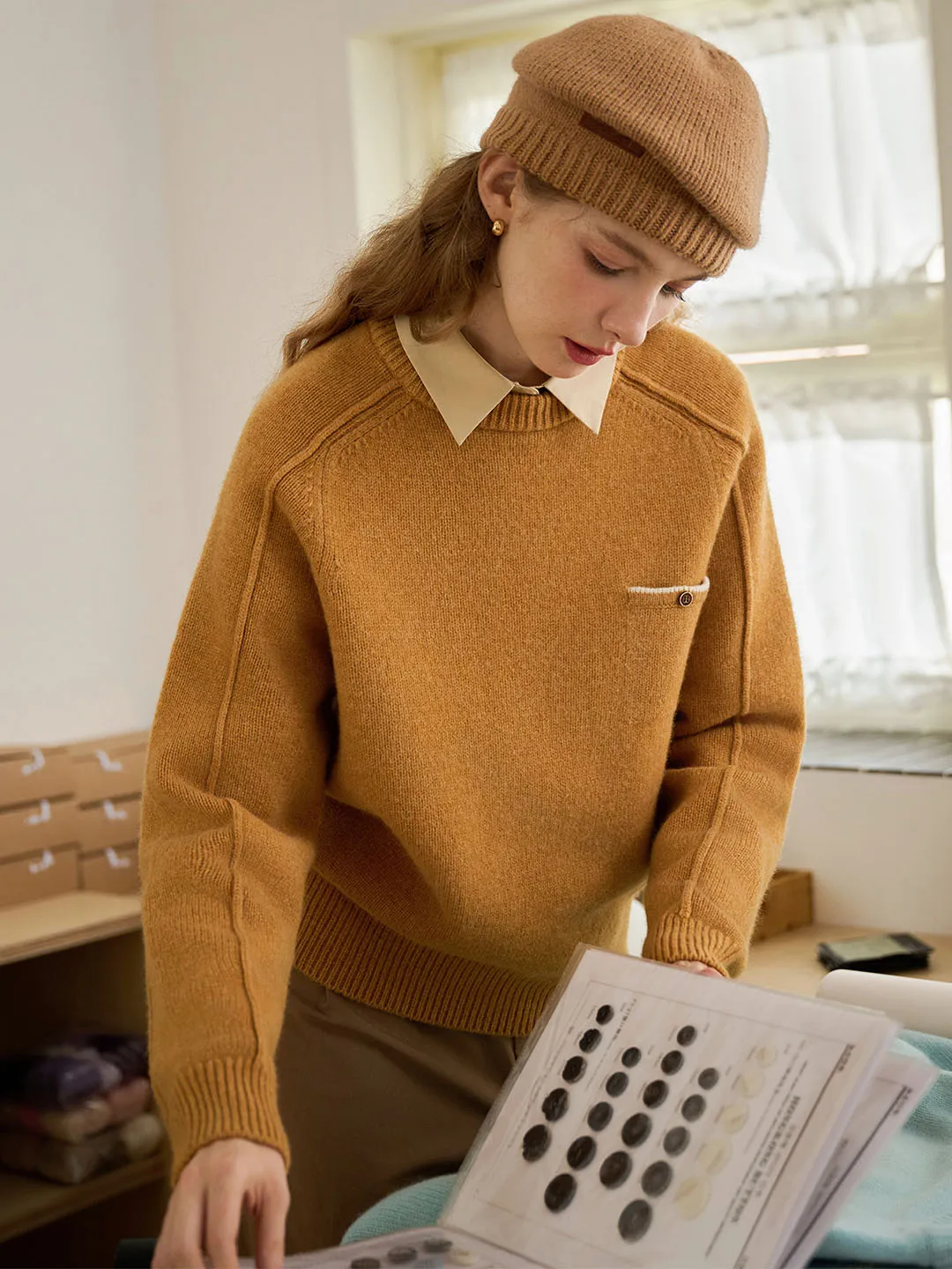 【Final Sale】Natalie Solid Raglan Sleeve Pocket Patched 100% Wool Sweater