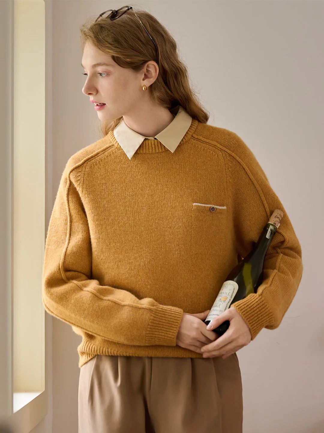 【Final Sale】Natalie Solid Raglan Sleeve Pocket Patched 100% Wool Sweater