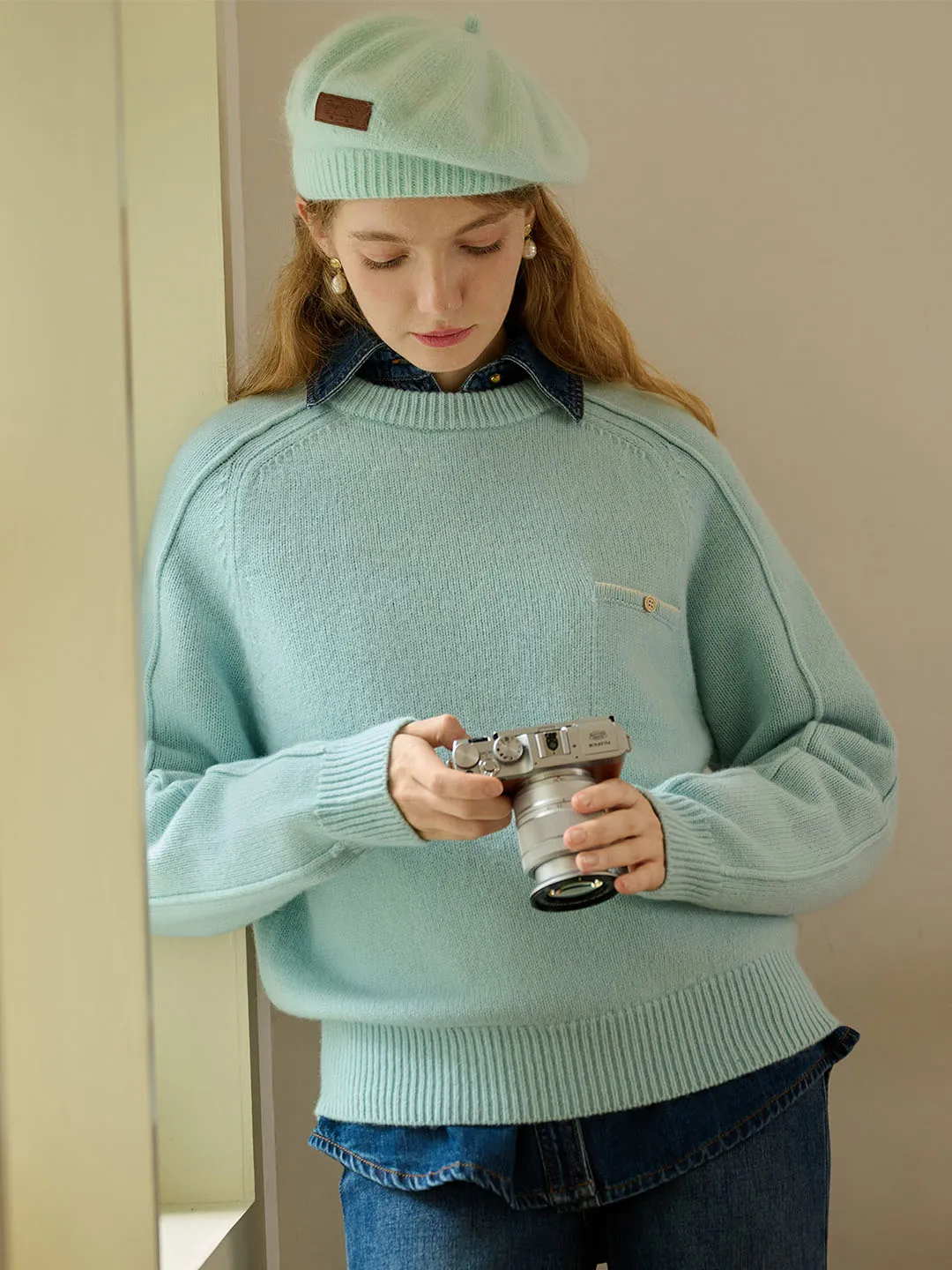 【Final Sale】Natalie Solid Raglan Sleeve Pocket Patched 100% Wool Sweater