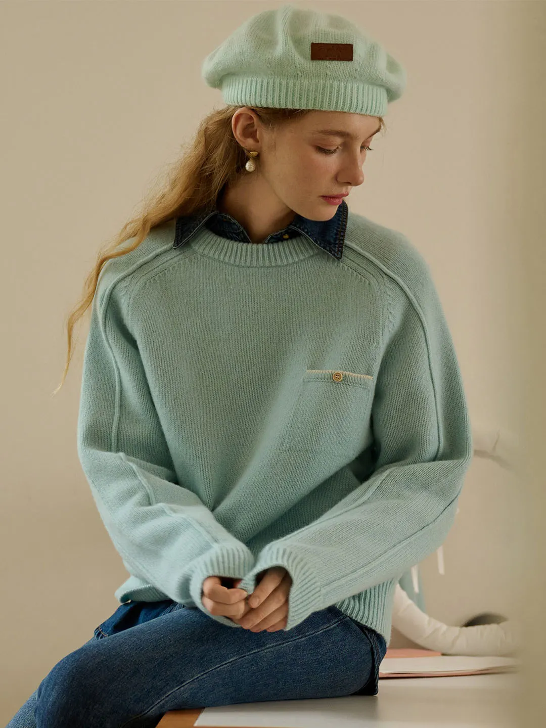 【Final Sale】Natalie Solid Raglan Sleeve Pocket Patched 100% Wool Sweater