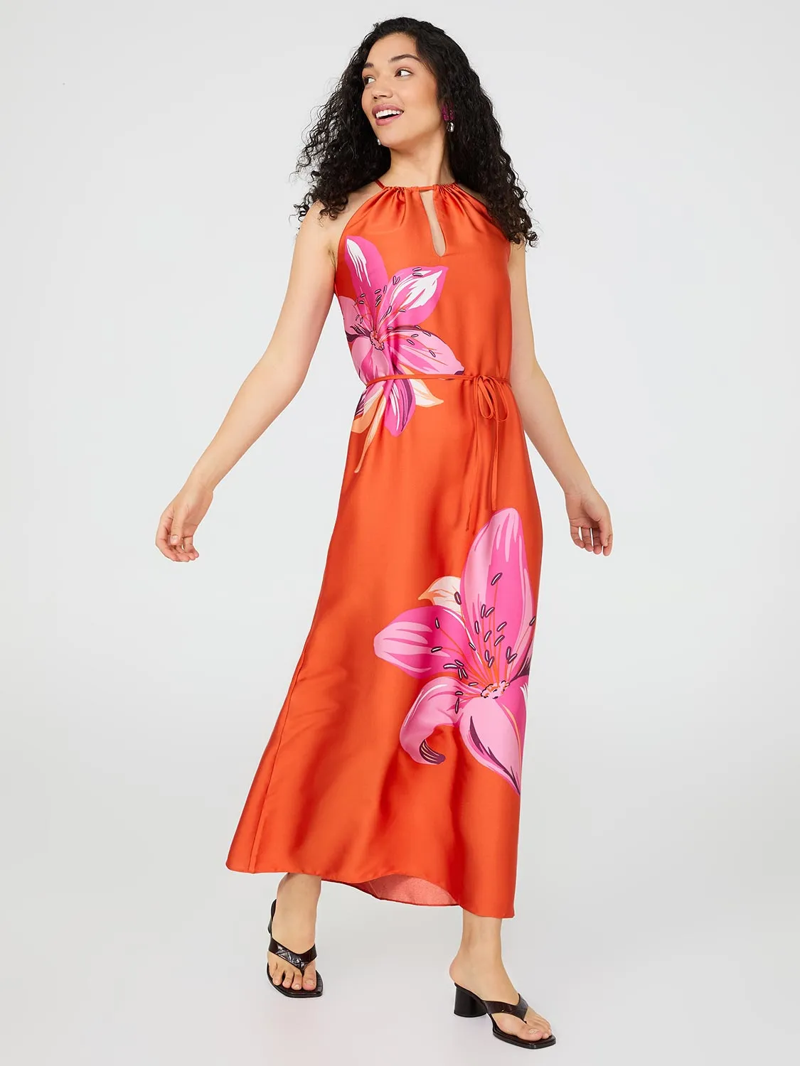 Floral Placement Halter Neck Satin Maxi Dress