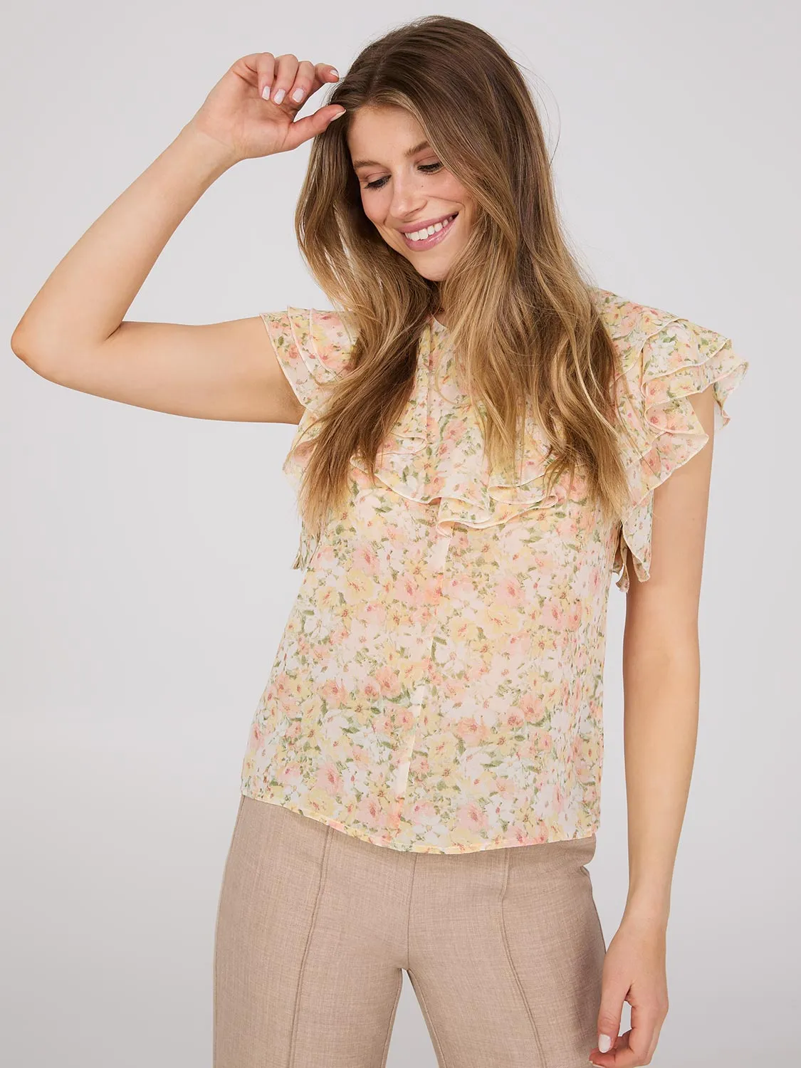 Floral Print Chiffon Ruffle Top