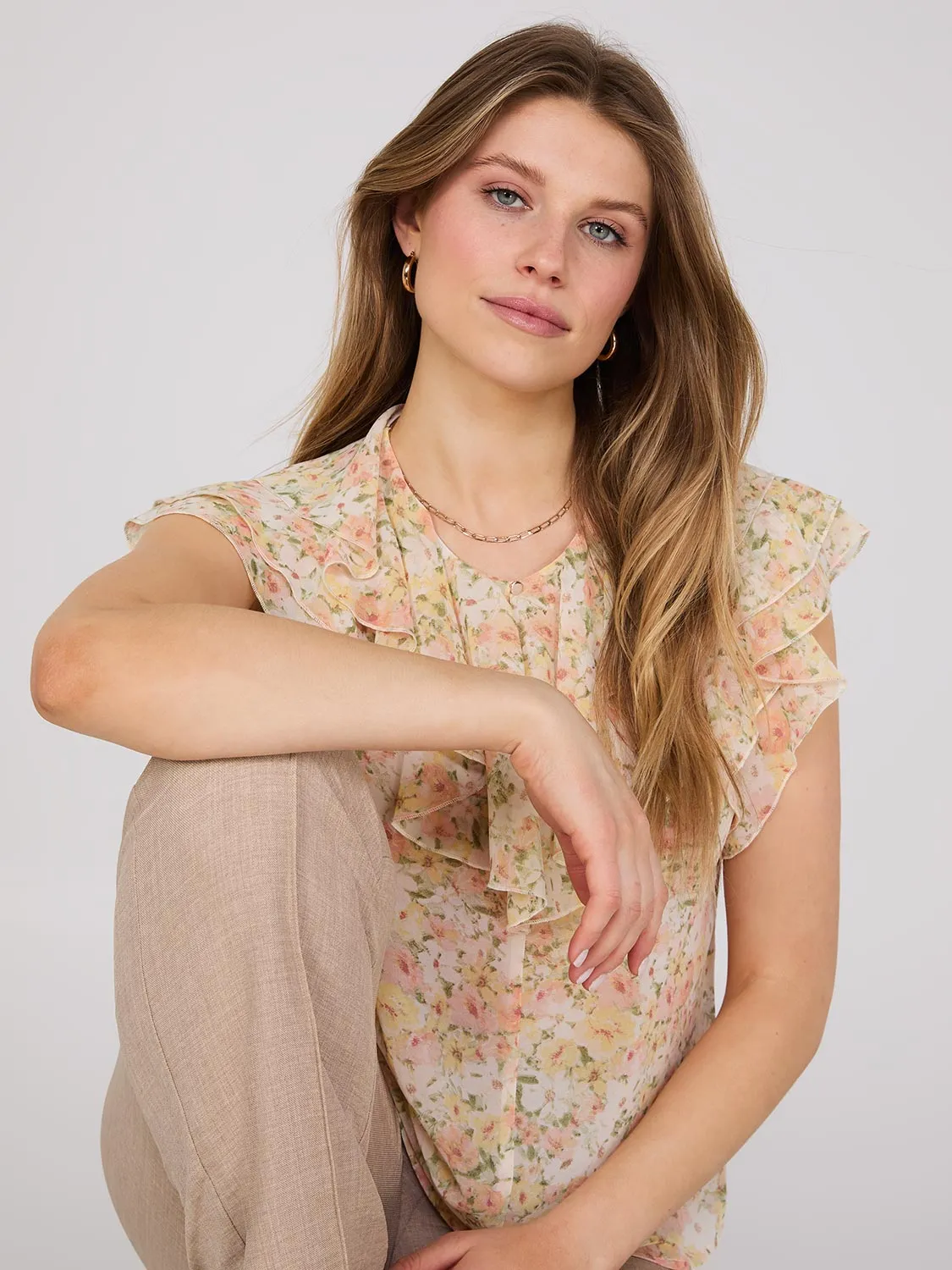 Floral Print Chiffon Ruffle Top