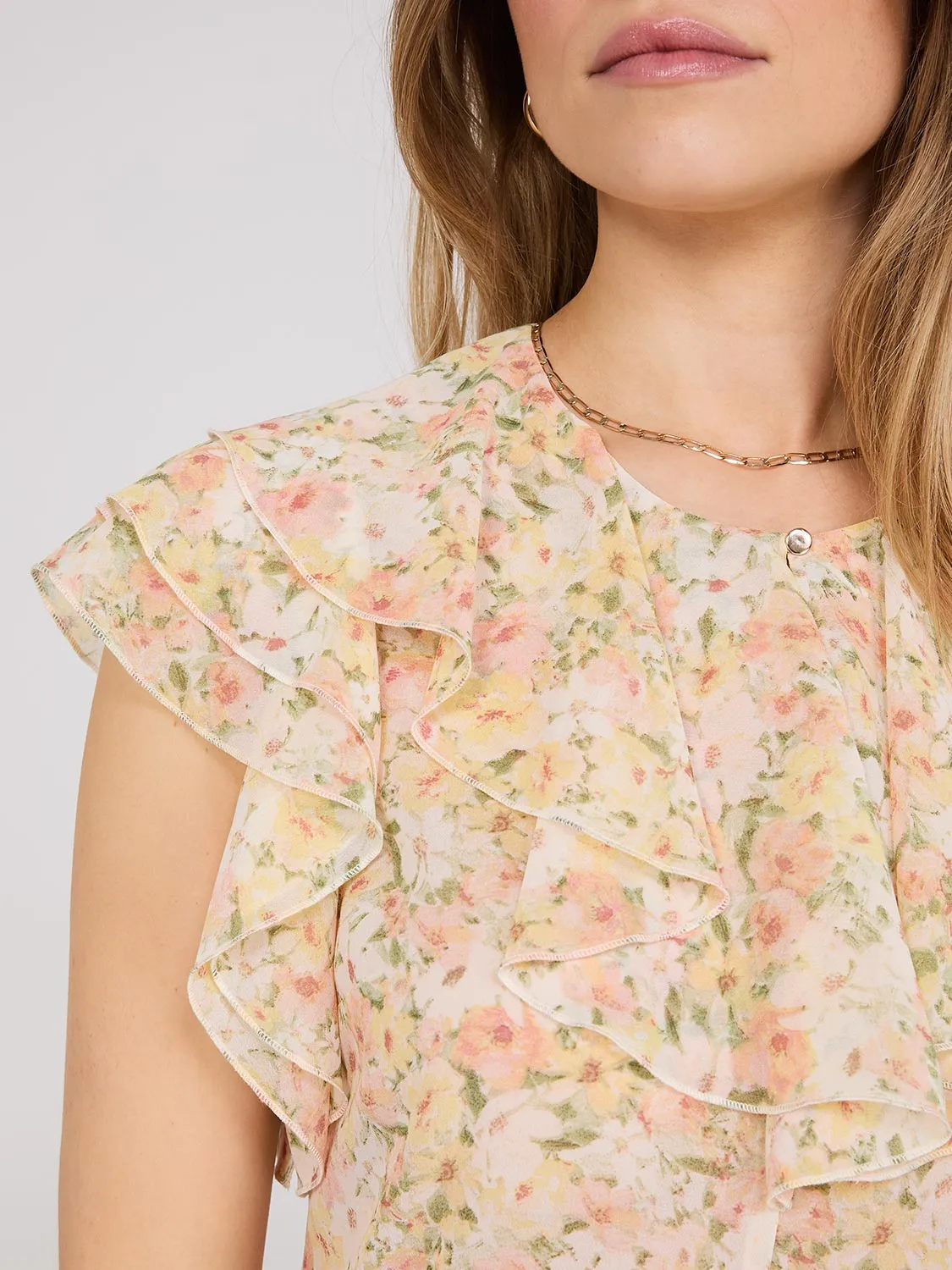 Floral Print Chiffon Ruffle Top