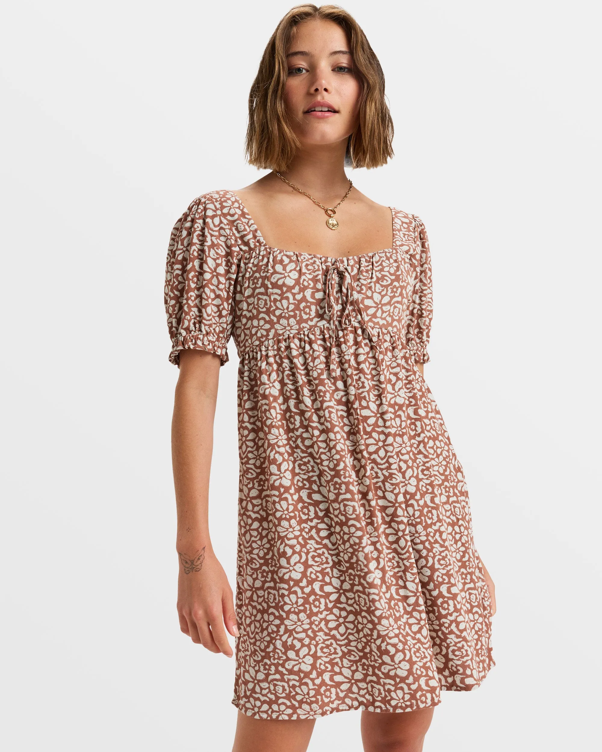 Frill Bloom Mini Dress - Russet Freefallin Floral Fresh