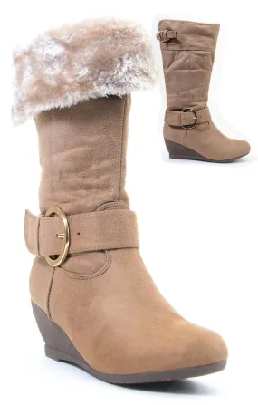 Furry Buckle Wedge Vegan Suede Knee Womens Boots