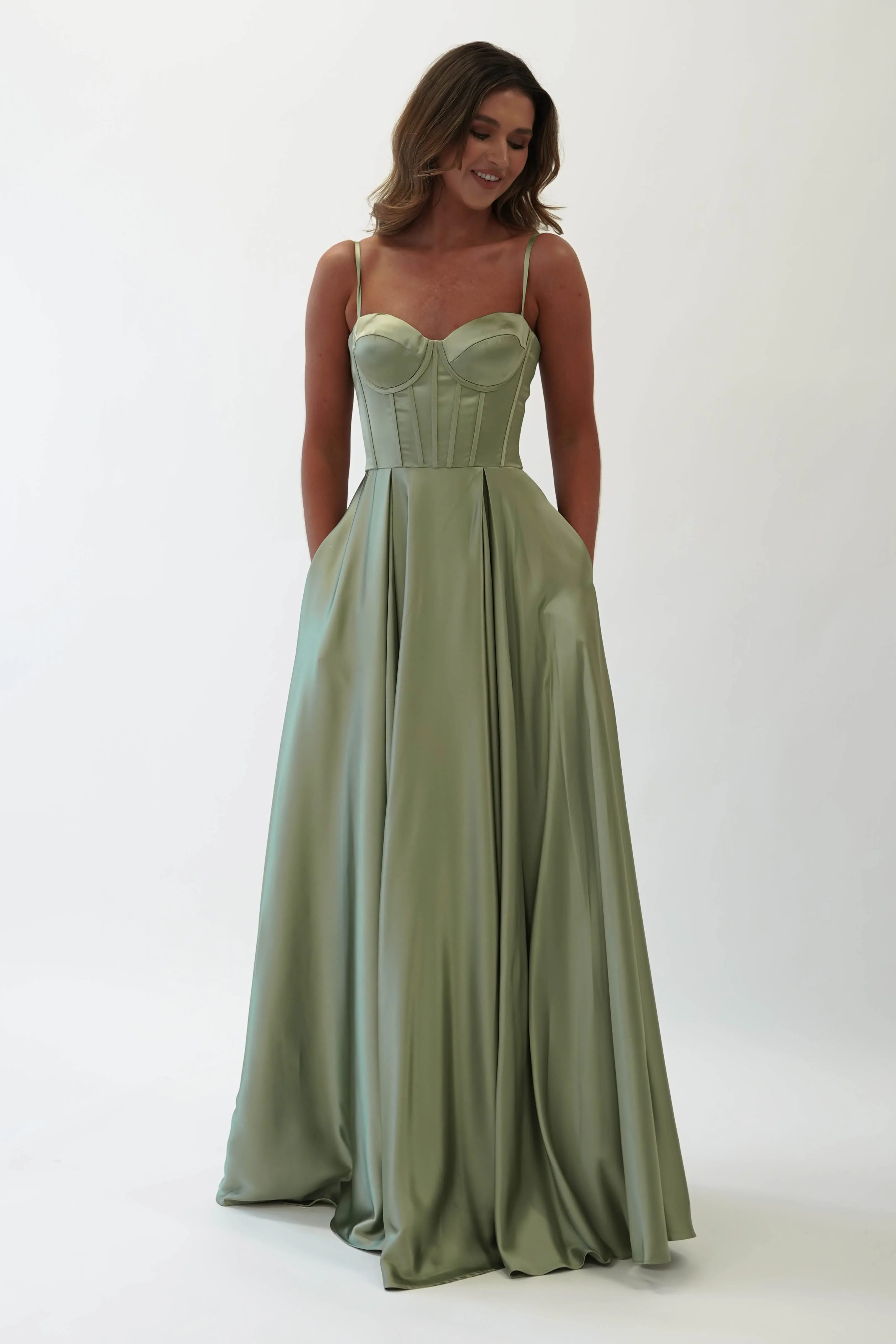 Georgia Soft Satin Maxi Gown | Sage