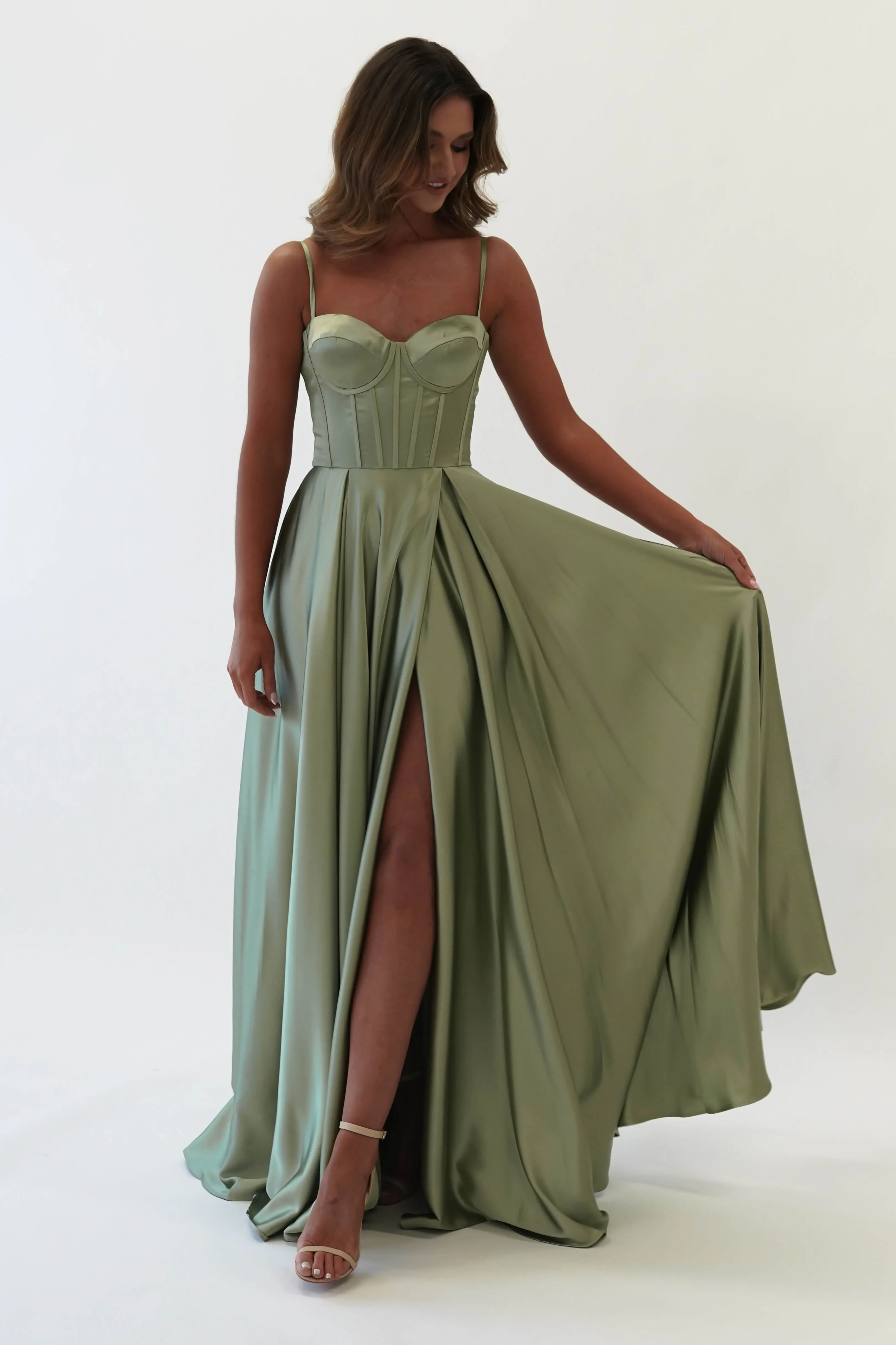 Georgia Soft Satin Maxi Gown | Sage