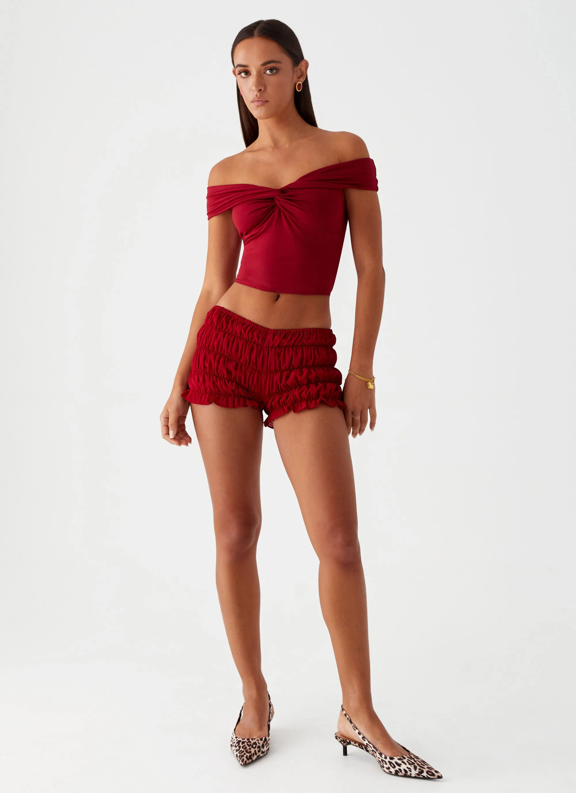 Girls Like Us Ruched Mini Shorts - Maroon