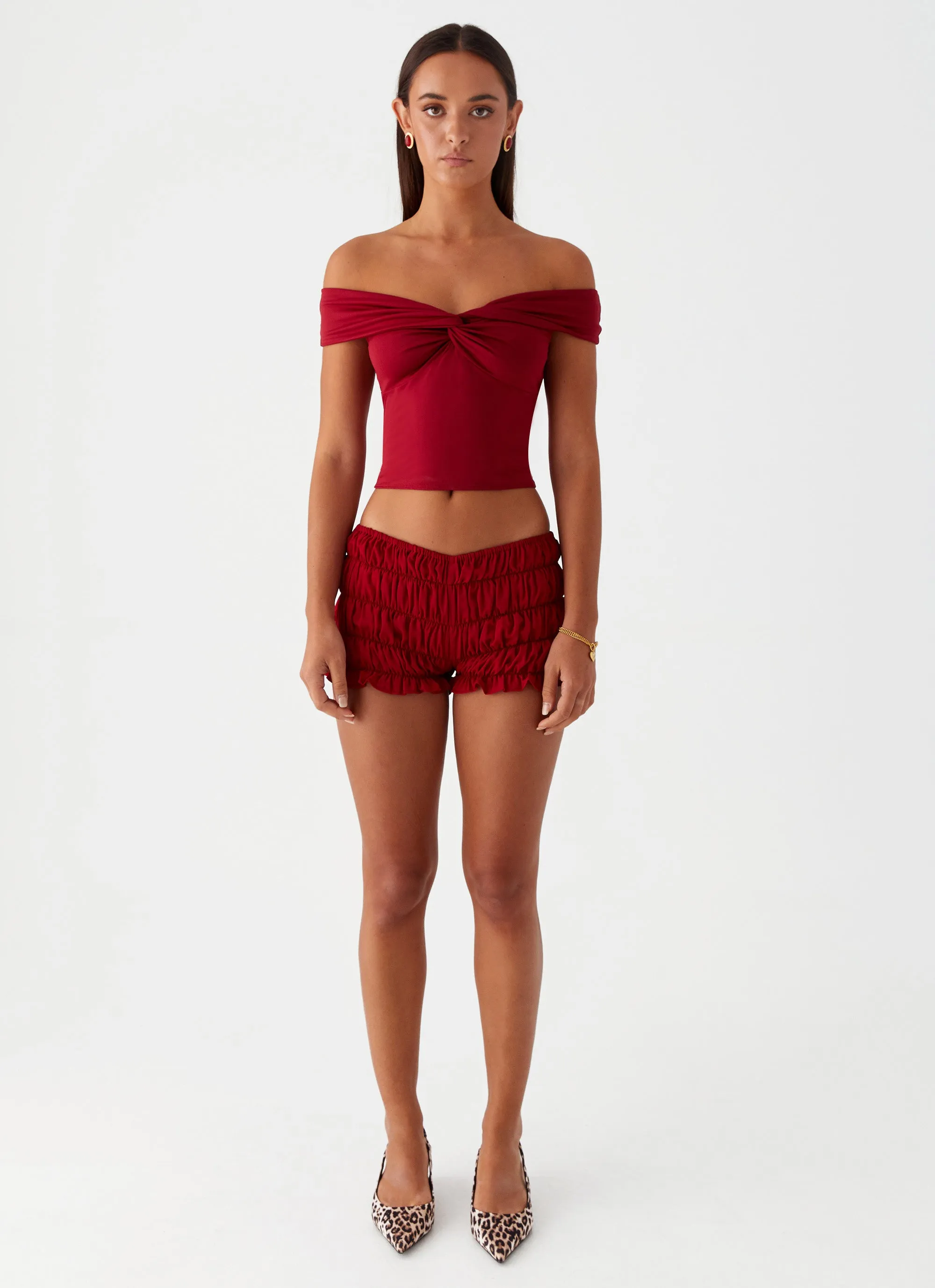 Girls Like Us Ruched Mini Shorts - Maroon