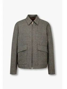 Herringbone pattern zip up collar jacket melange khaki