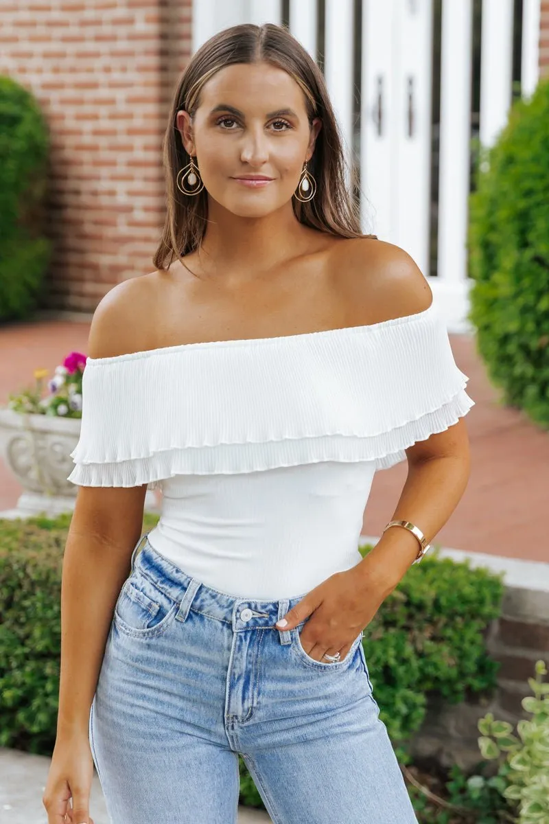 Ivory Off The Shoulder Pleated Bodysuit - FINAL SALE