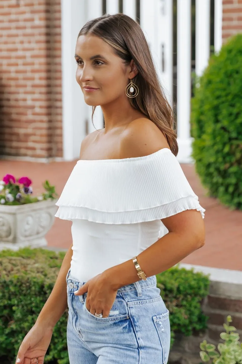 Ivory Off The Shoulder Pleated Bodysuit - FINAL SALE