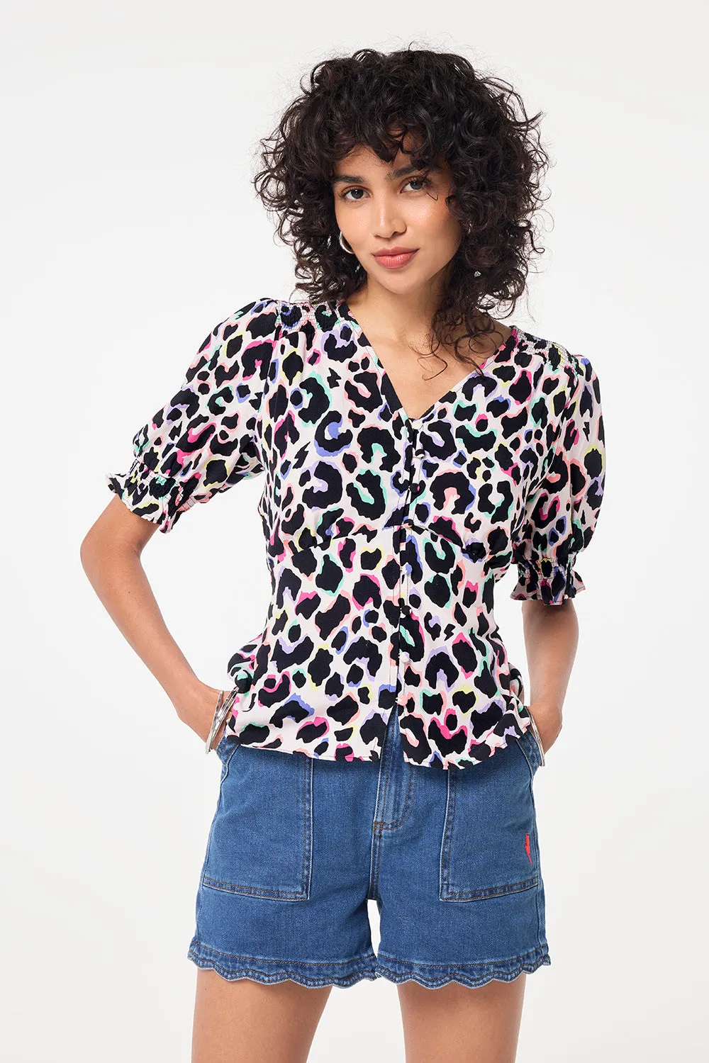 Ivory with Rainbow Shadow Leopard Button Through Blouse